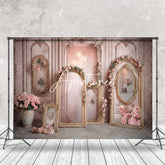 Aperturee - Retro Gold Arch Frame Pink Rose Backdrop For Photo
